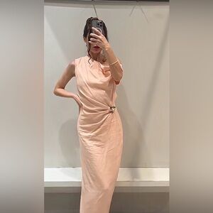 Zara peach ASYMMETRIC LINEN-BLEND MIDI DRESS WITH APPLIQUÉ